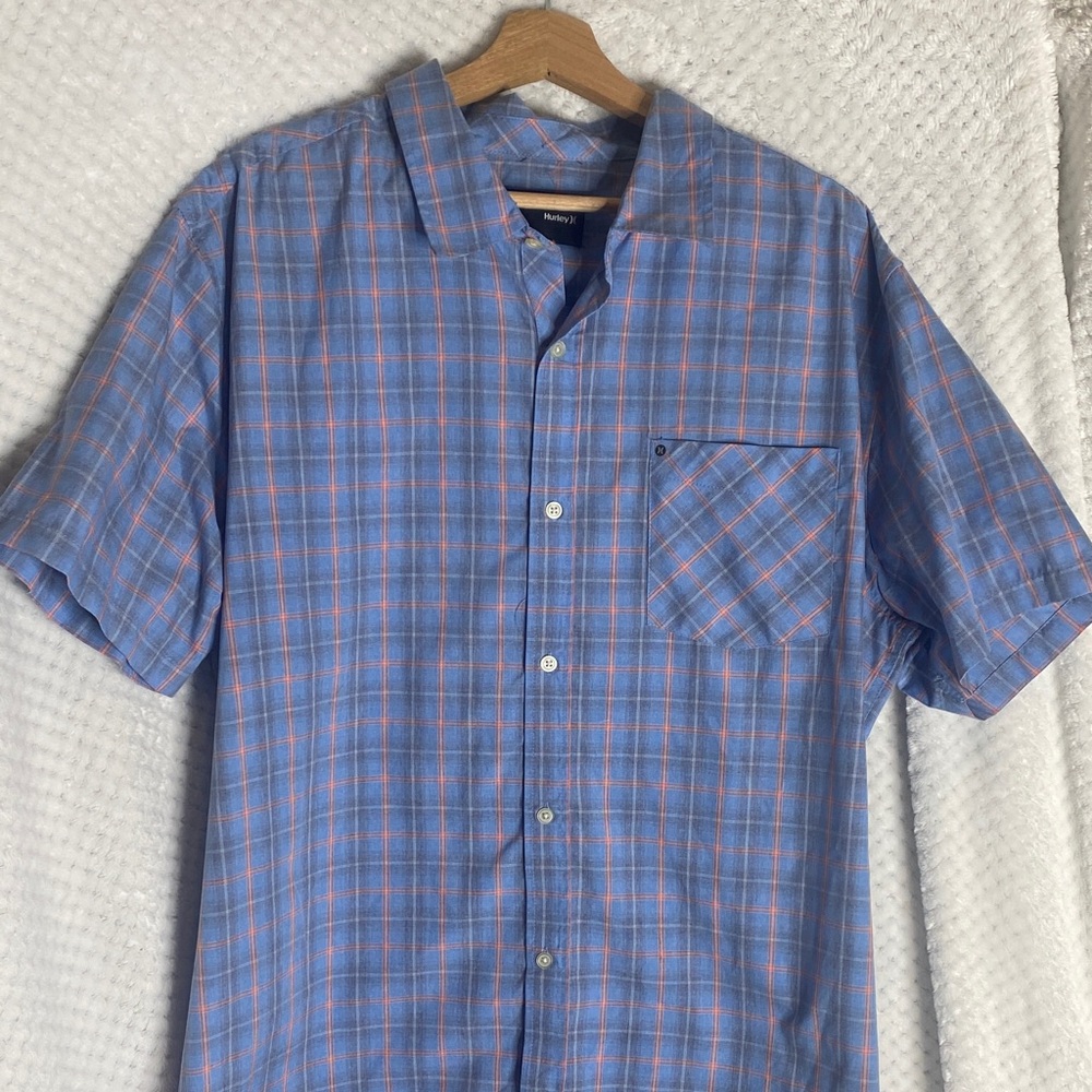 Button-Front Short Sleeve Blue Plaid Shirt by Hurley